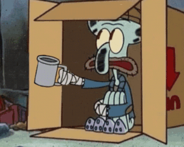 Squidward begging from a cardboard box, holding out a cup — the patron saint of BegFi